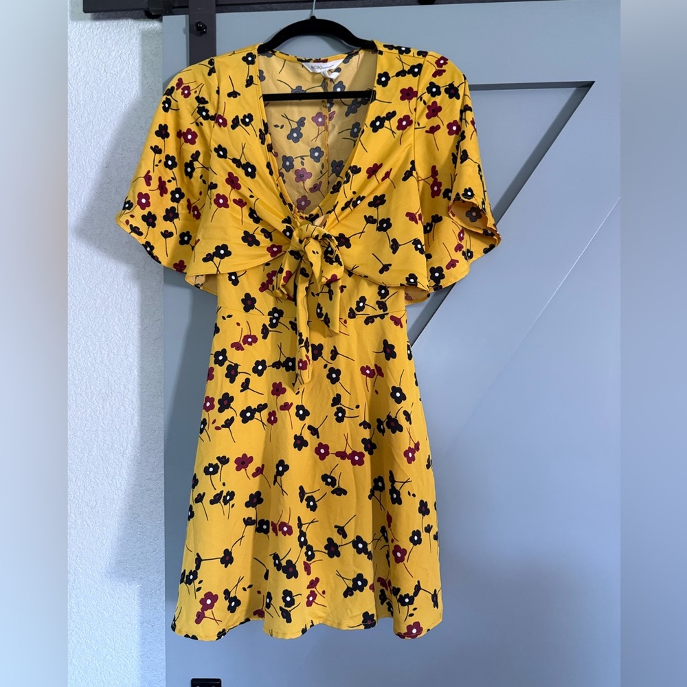 Floral Yellow Dress with Tie Front